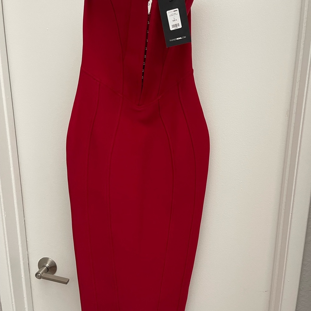 Fashion Nova Strapless Red Bandage Midi Dress